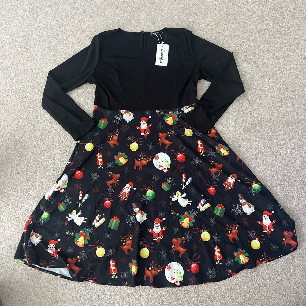 Black Christmas Dress with Festive Print